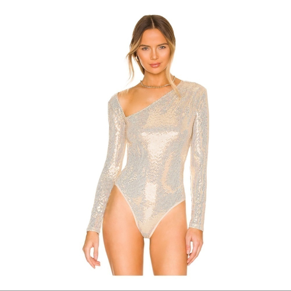 ASTR The Label Gold Bodysuit  Della Metallic Sequins Long Sleeves Thong Back S